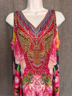 Ranees Silk Embellished Multi Color Floral Dress Bohemian Beach Cover Up Large
*
